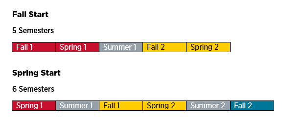 MSN-E 5-, 6-, and 7-semester timelines