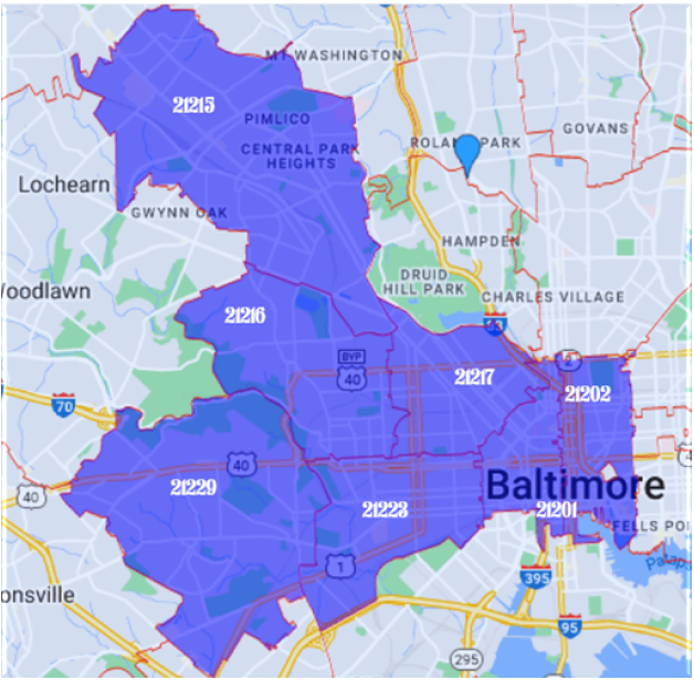 Map of zipcodes in West Baltimore RICH 2.0 Collaborative